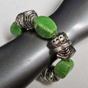 Unbranded Stretch Bracelet Womens OS Green Silver Faux Turquoise Boho Beaded